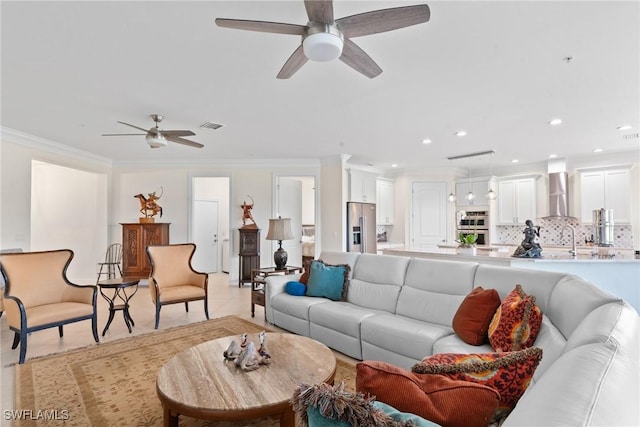 18580 Sandalwood Pointe Unit 101, Fort Myers, FL 33908 - living room featuring crown molding, recessed lighting, ceiling fan, and visible vents