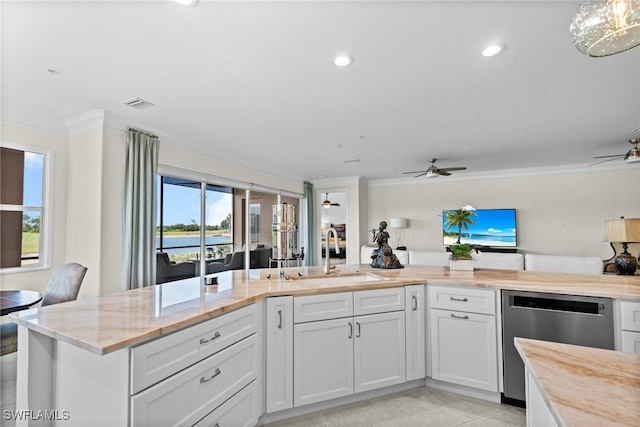 18580 Sandalwood Pointe Unit 101, Fort Myers, FL 33908 - kitchen with ceiling fan, stainless steel dishwasher, crown molding, and a sink