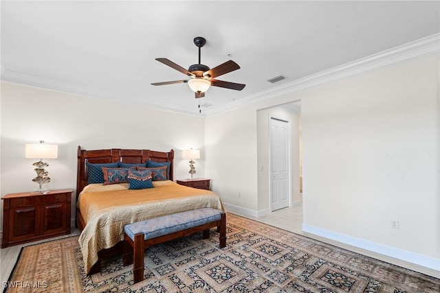 18580 Sandalwood Pointe Unit 101, Fort Myers, FL 33908 - bedroom featuring ornamental molding, visible vents, ceiling fan, and baseboards