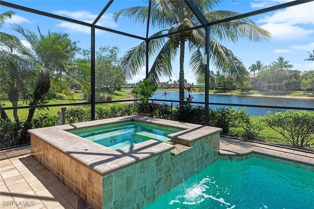 outdoor pool with a water view, an in ground hot tub, and a lanai