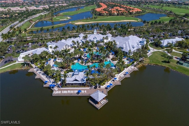 birds eye view of property featuring a residential view, a water view, and golf course view