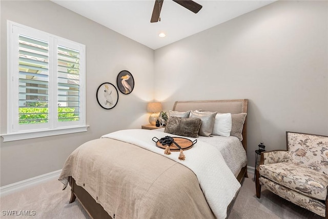 bedroom featuring baseboards, carpet flooring, ceiling fan, and recessed lighting