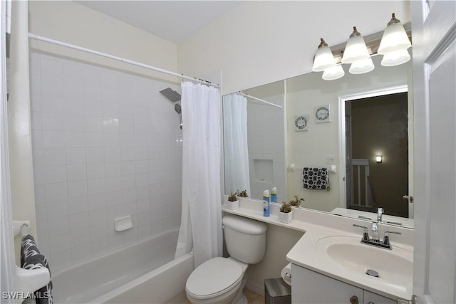bathroom featuring shower / bath combination with curtain, toilet, and vanity