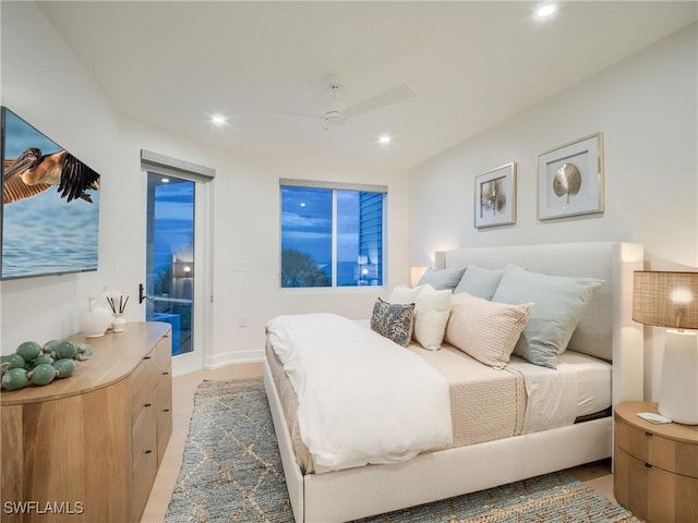 1072 S Seas Plantation Rd, Captiva, FL 33924 - bedroom with access to outside, recessed lighting, light colored carpet, and ceiling fan