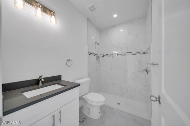 4646 Leonard Blvd S, Lehigh Acres, FL 33973 - bathroom with marble look tile flooring, vanity, toilet, a marble finish shower, and recessed lighting