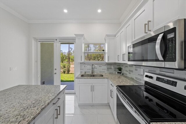 2948 2nd Ave NE, Naples, FL 34120 - kitchen featuring stainless steel appliances, a sink, ornamental molding, white cabinetry, and light stone countertops