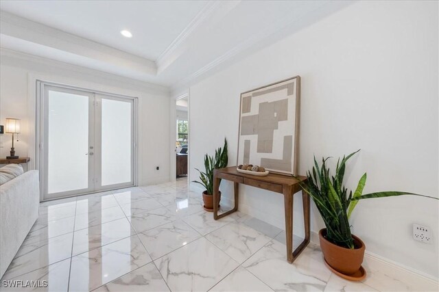 2948 2nd Ave NE, Naples, FL 34120 - entryway featuring light marble finish floors, french doors, ornamental molding, recessed lighting, and baseboards