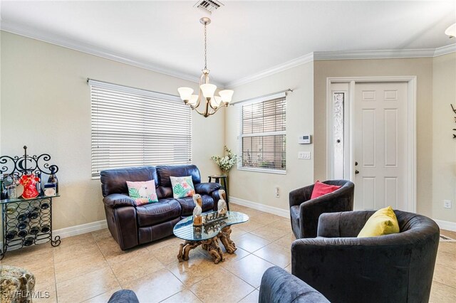 11221 Yellow Poplar Dr, Fort Myers, FL 33913 - tiled living room featuring an inviting chandelier, ornamental molding, visible vents, and baseboards