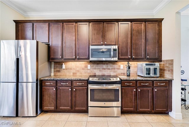 11221 Yellow Poplar Dr, Fort Myers, FL 33913 - kitchen featuring stainless steel appliances, backsplash, light stone counters, and crown molding
