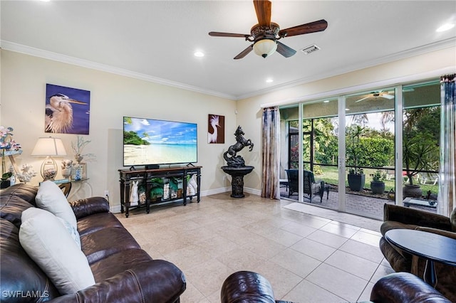 11221 Yellow Poplar Dr, Fort Myers, FL 33913 - living area featuring a ceiling fan, baseboards, ornamental molding, tile patterned flooring, and visible vents