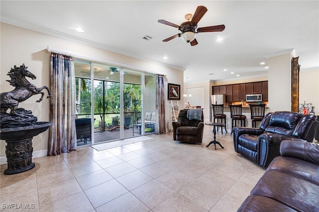 11221 Yellow Poplar Dr, Fort Myers, FL 33913 - living room with recessed lighting, visible vents, light tile patterned flooring, crown molding, and ceiling fan