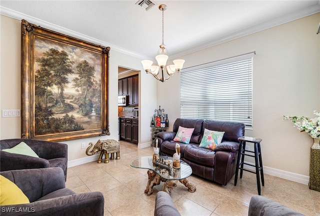 11221 Yellow Poplar Dr, Fort Myers, FL 33913 - living area featuring light tile patterned flooring, an inviting chandelier, baseboards, ornamental molding, and visible vents