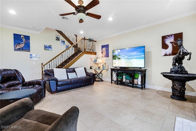 11221 Yellow Poplar Dr, Fort Myers, FL 33913 - living room featuring a ceiling fan, ornamental molding, stairs, and visible vents