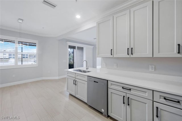 18911 Bay Woods Lake Dr Unit 102, Fort Myers, FL 33908 - kitchen featuring stainless steel dishwasher, a sink, light countertops, baseboards, and ornamental molding