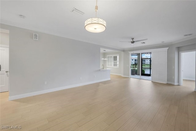 18911 Bay Woods Lake Dr Unit 102, Fort Myers, FL 33908 - unfurnished living room with a ceiling fan, baseboards, ornamental molding, and light wood-style floors