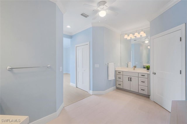 18911 Bay Woods Lake Dr Unit 102, Fort Myers, FL 33908 - bathroom featuring crown molding, a ceiling fan, baseboards, and vanity