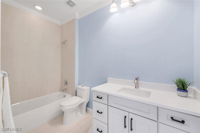 18911 Bay Woods Lake Dr Unit 102, Fort Myers, FL 33908 - full bathroom with crown molding, toilet, vanity, shower / tub combination, and tile patterned floors