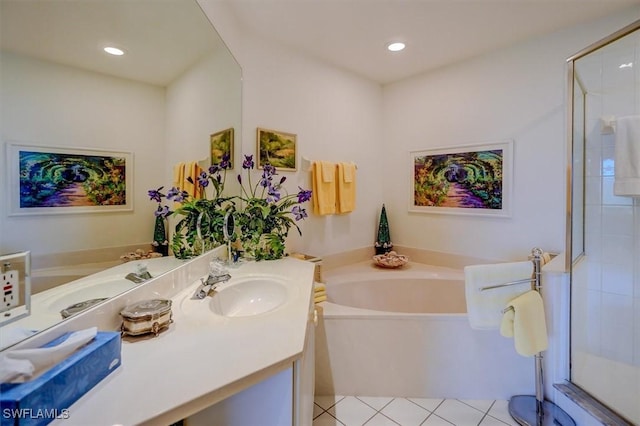 281 Lenell Rd Unit 1 7-A, Fort Myers Beach, FL 33931 - full bathroom featuring a garden tub, recessed lighting, vanity, and a stall shower