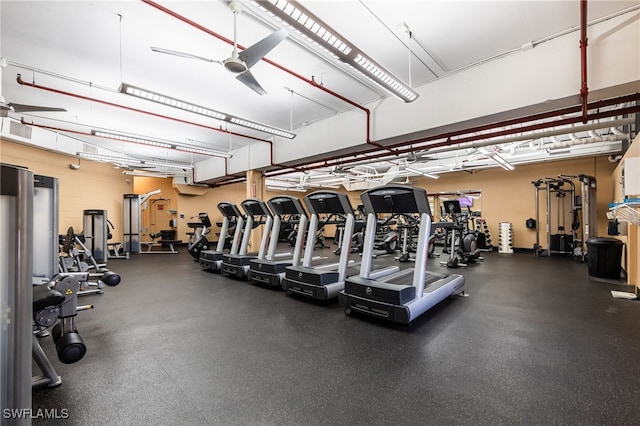 gym featuring ceiling fan and visible vents