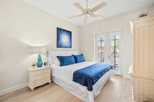 bedroom with baseboards, light wood-style flooring, ceiling fan, and access to exterior