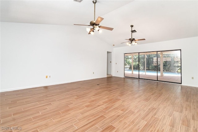 empty room with high vaulted ceiling, ceiling fan, baseboards, and light wood-style floors