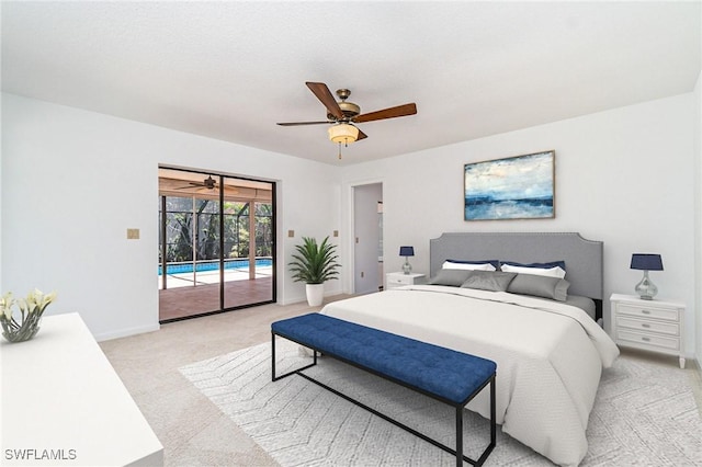 bedroom featuring ceiling fan, baseboards, light colored carpet, and access to exterior