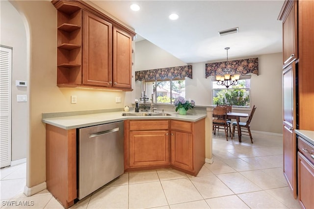 kitchen featuring visible vents, open shelves, stainless steel dishwasher, a sink, and a peninsula