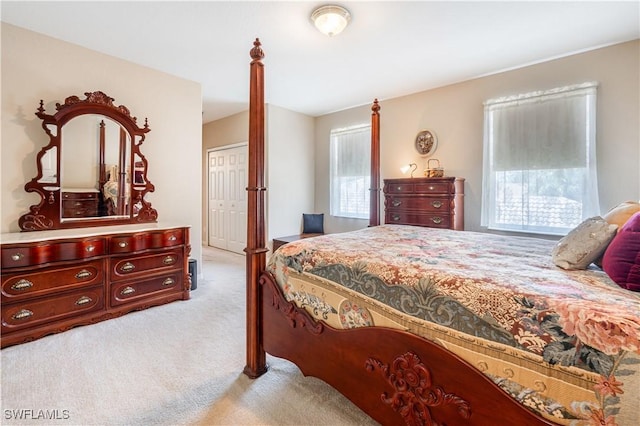 bedroom with carpet and a closet
