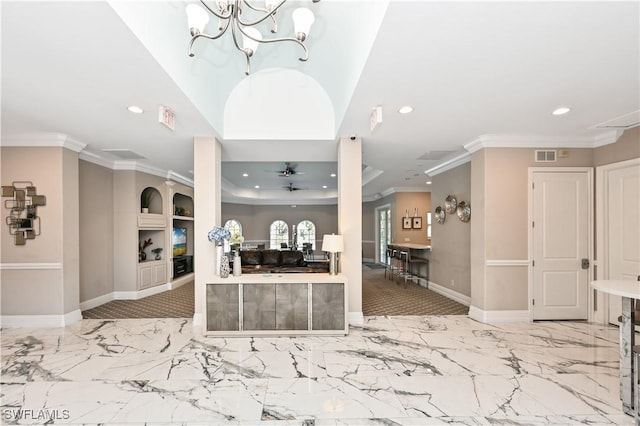 kitchen with recessed lighting, baseboards, and ornamental molding
