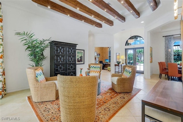 living room with light tile patterned floors, recessed lighting, beam ceiling, and french doors