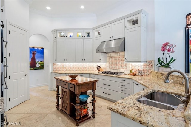 kitchen featuring a sink, stainless steel gas stovetop, under cabinet range hood, decorative backsplash, and light stone counters