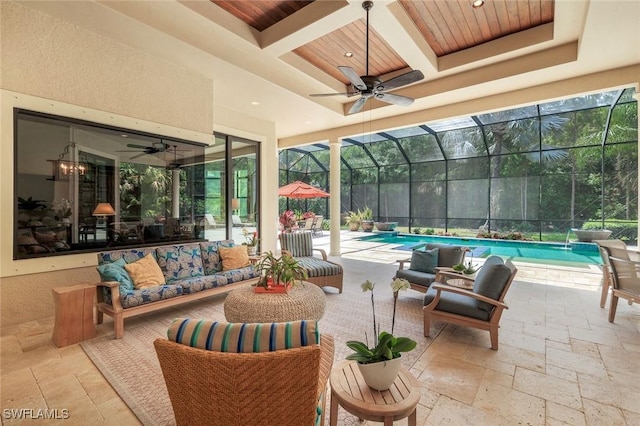 view of patio / terrace with an outdoor living space, ceiling fan, glass enclosure, and an outdoor pool