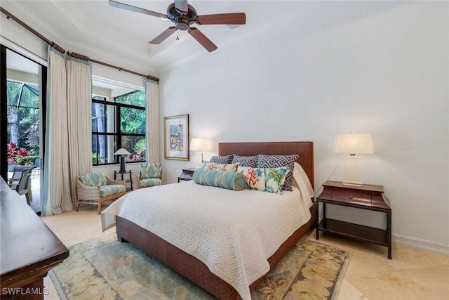 tiled bedroom with a ceiling fan, baseboards, access to exterior, and multiple windows
