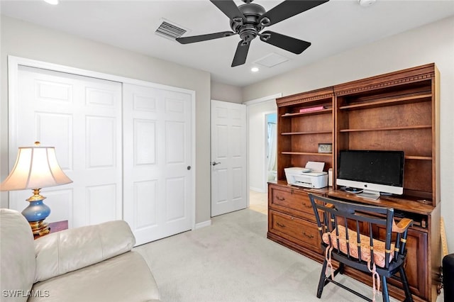 9046 Astonia Way, Estero, FL 33967 - office featuring baseboards, visible vents, recessed lighting, light colored carpet, and ceiling fan
