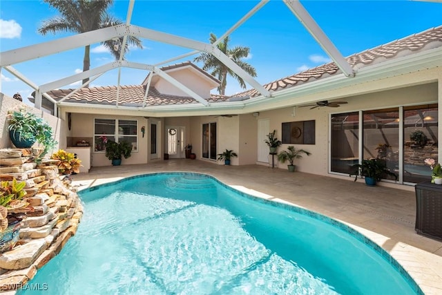 9046 Astonia Way, Estero, FL 33967 - pool featuring glass enclosure, a patio, and ceiling fan