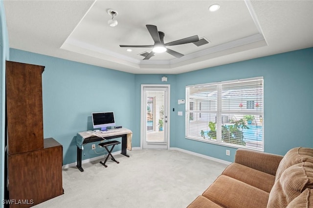 9046 Astonia Way, Estero, FL 33967 - home office featuring carpet flooring, baseboards, visible vents, a ceiling fan, and a raised ceiling