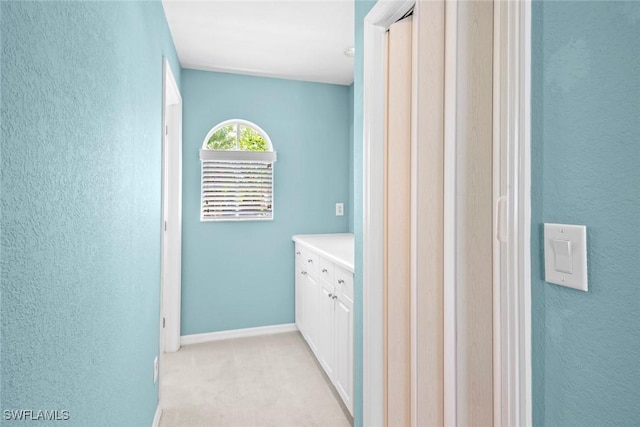 9046 Astonia Way, Estero, FL 33967 - clothes washing area featuring baseboards, a textured wall, and light colored carpet