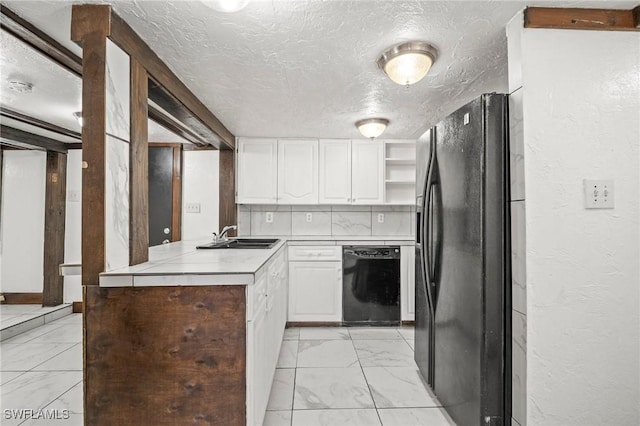 kitchen with black appliances, open shelves, marble finish floor, and a sink