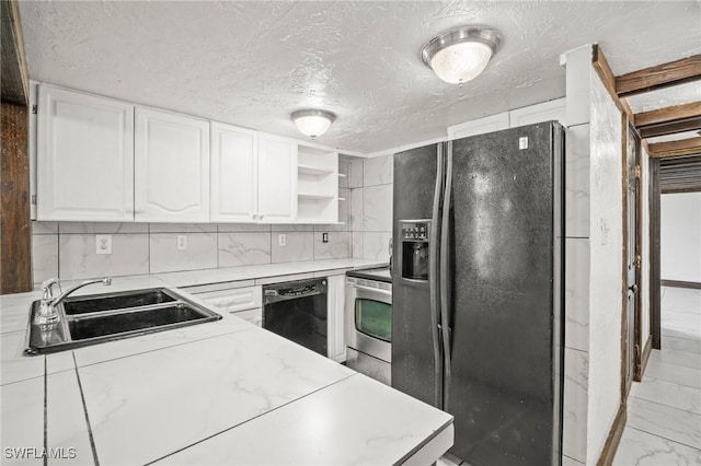 kitchen with a sink, open shelves, black appliances, a textured ceiling, and white cabinets