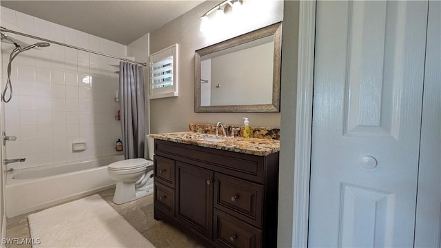 bathroom featuring toilet, vanity, and shower / bathtub combination with curtain