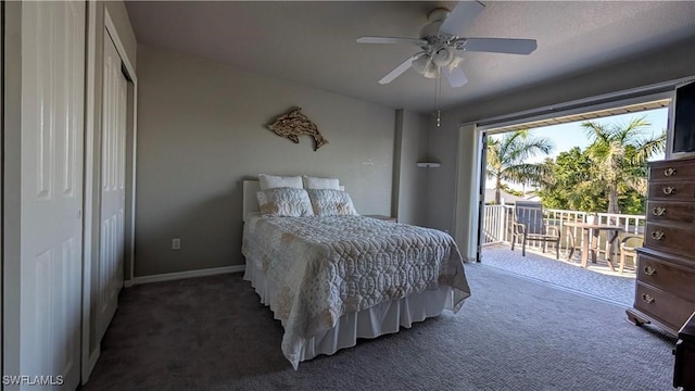 bedroom featuring baseboards, carpet floors, ceiling fan, and access to exterior