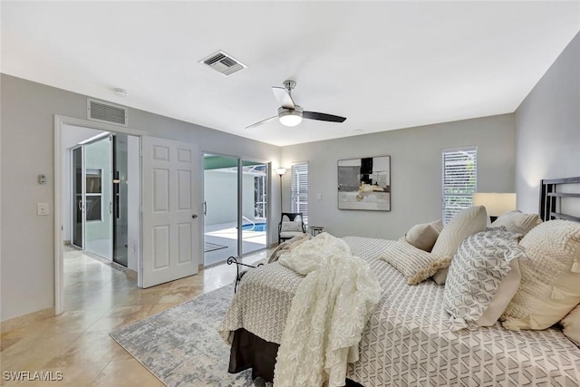 11499 Forest Mere Dr, Bonita Springs, FL 34135 - bedroom featuring light tile patterned floors, visible vents, ceiling fan, and access to exterior