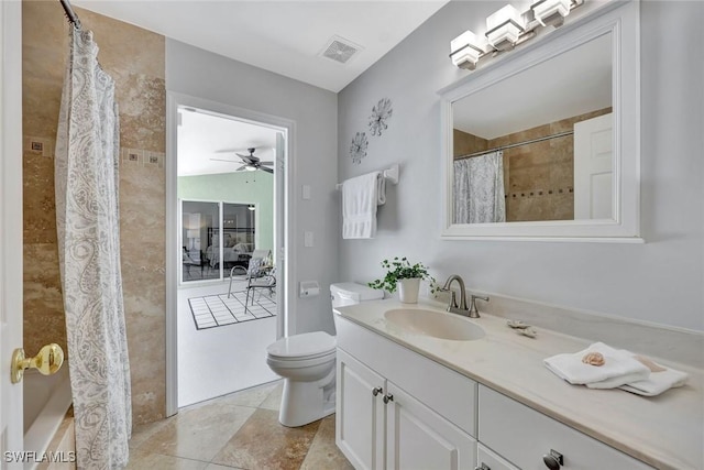11499 Forest Mere Dr, Bonita Springs, FL 34135 - full bath with a shower with curtain, a ceiling fan, visible vents, and vanity