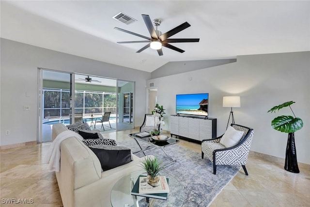 11499 Forest Mere Dr, Bonita Springs, FL 34135 - tiled living room with ceiling fan, baseboards, lofted ceiling, a sunroom, and visible vents