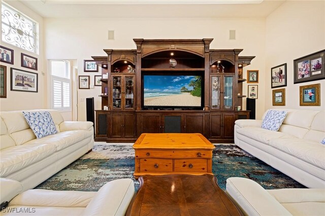 living room with a towering ceiling