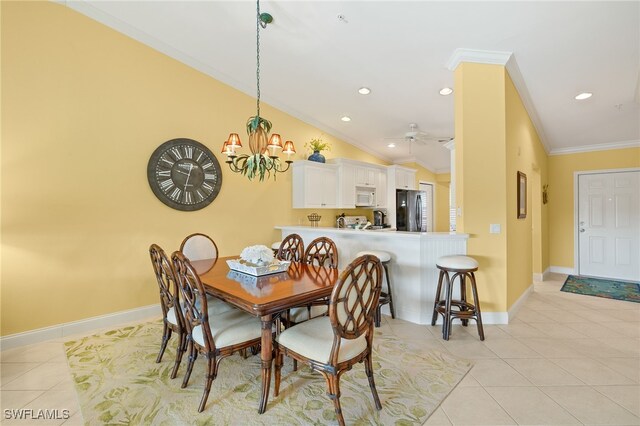 dining area with ornamental molding, light tile patterned floors, a chandelier, baseboards, and recessed lighting