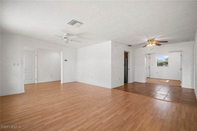 unfurnished living room featuring a ceiling fan, light wood-type flooring, and visible vents