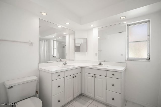 full bathroom with vanity, toilet, recessed lighting, tile patterned floors, and a shower with curtain