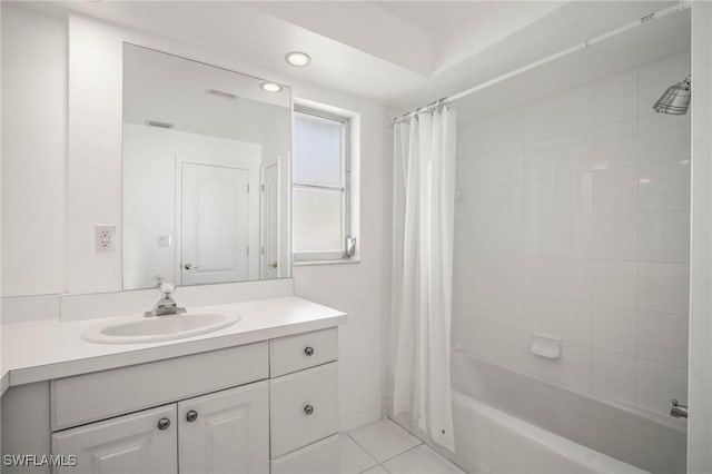 full bathroom featuring vanity, recessed lighting, tile patterned flooring, and shower / tub combo with curtain