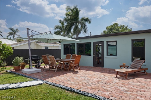 27551 Pullen Ave, Bonita Springs, FL 34135 - back of property with fence, a patio area, and stucco siding